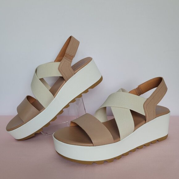 SOREL Cameron Flatform Slingback Leather/Fabric Sandals-Honest Beige/Chalk Size9 - Picture 1 of 16